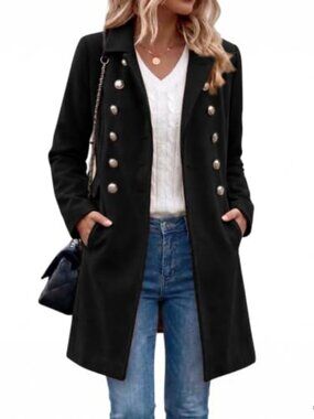 Wool Blend Double Breasted Trench Coat Long Sleeve Overcoat